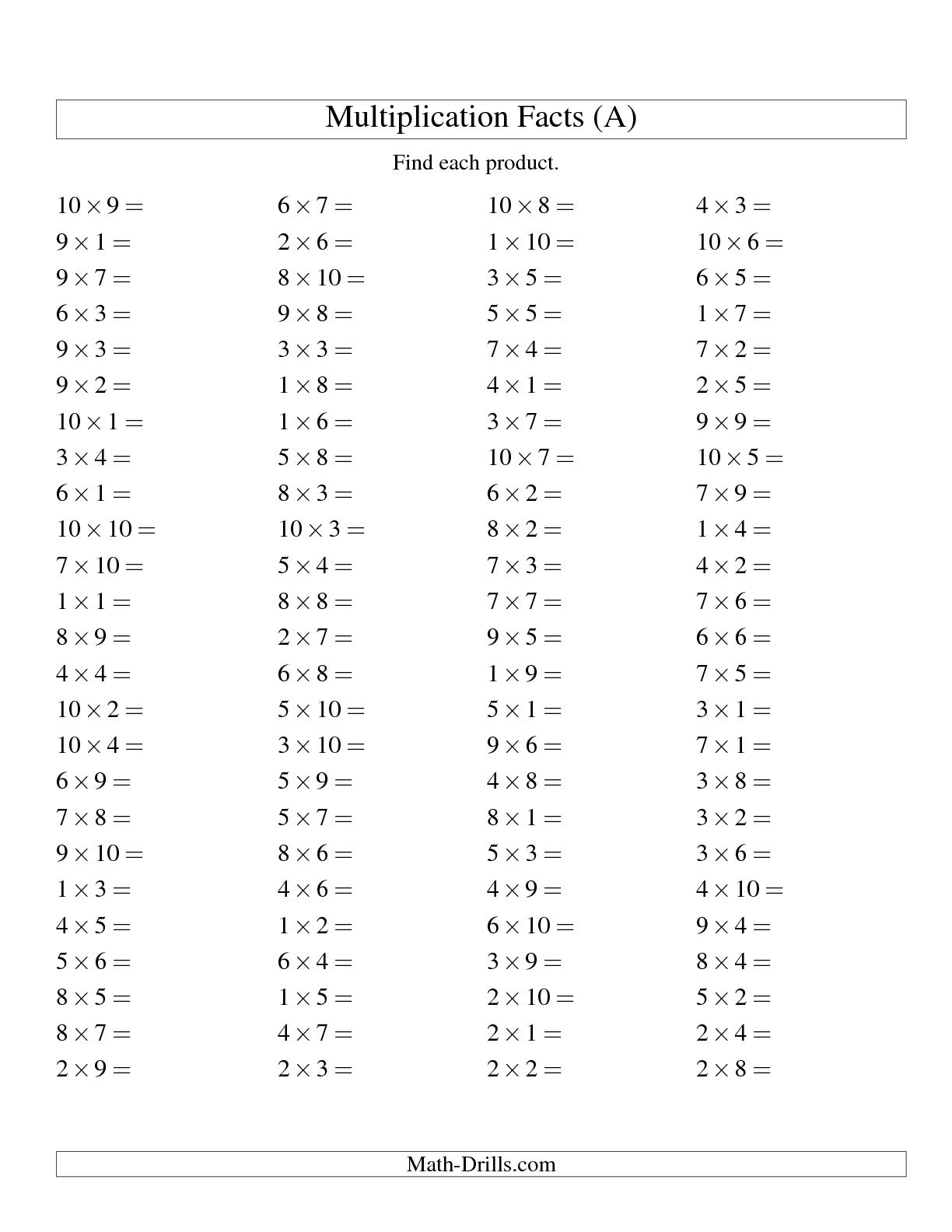 Math Worksheet 100 Multiplication Facts