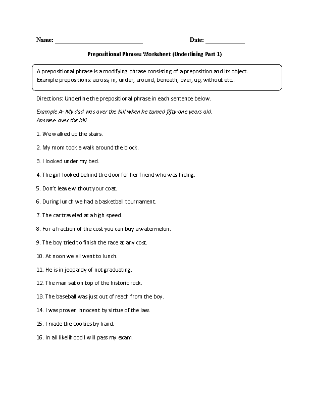 Prepositional Phrases Sentences Worksheet for Grades Image