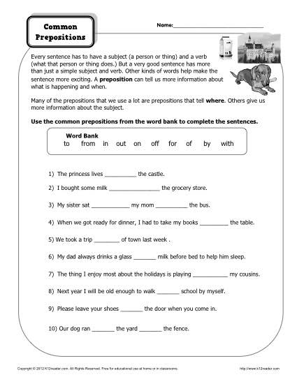 5th Grade Prepositions Worksheets