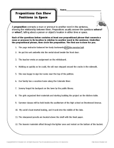 5th Grade Prepositions Worksheets