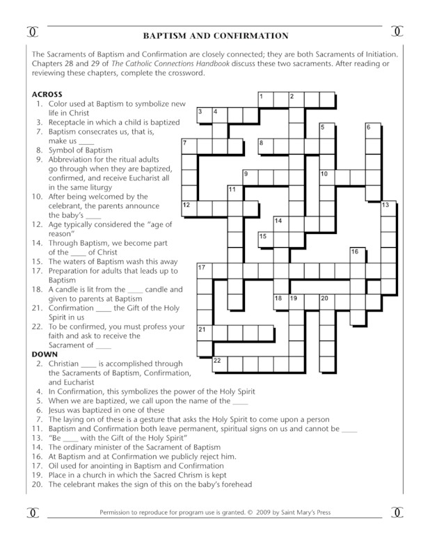 Baptism and Confirmation Crossword Puzzle Image