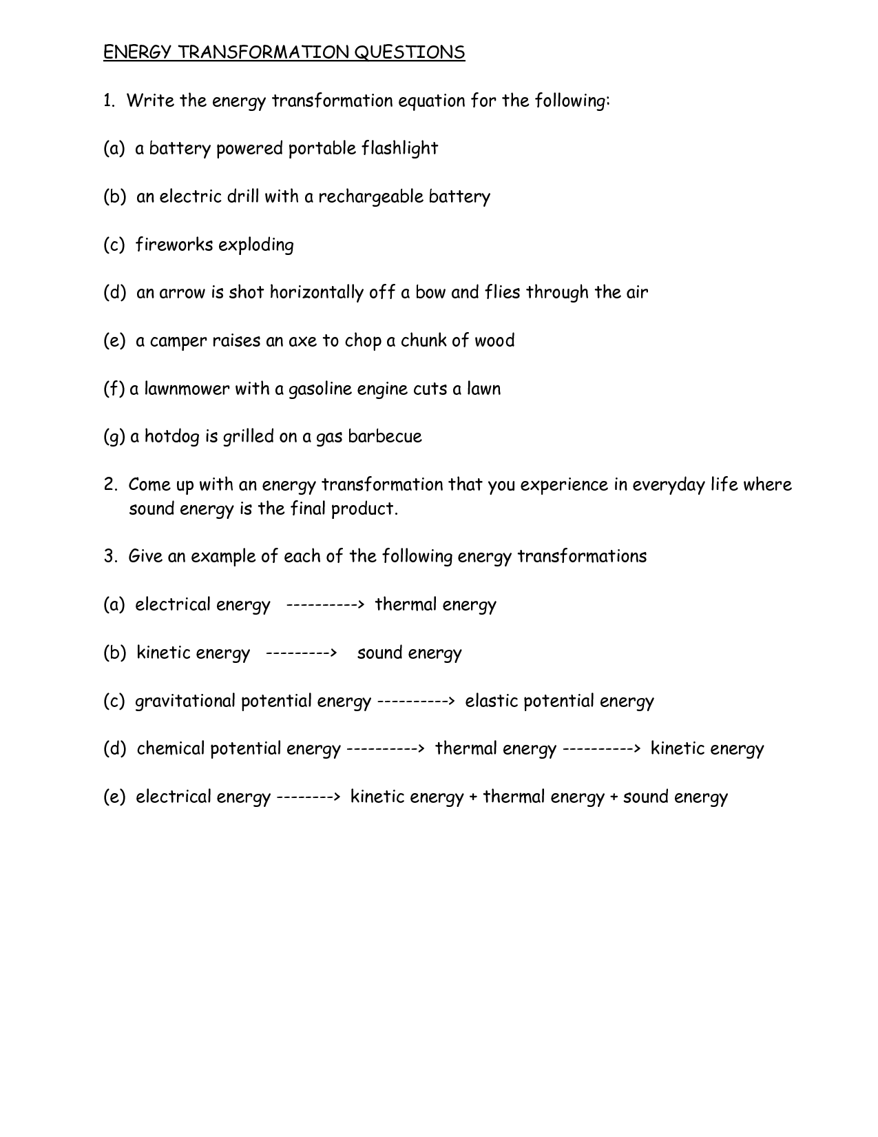 Energy Transformation Worksheets