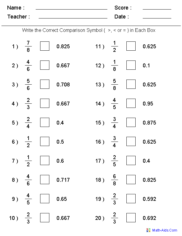 Fractions and Decimals Worksheets Image