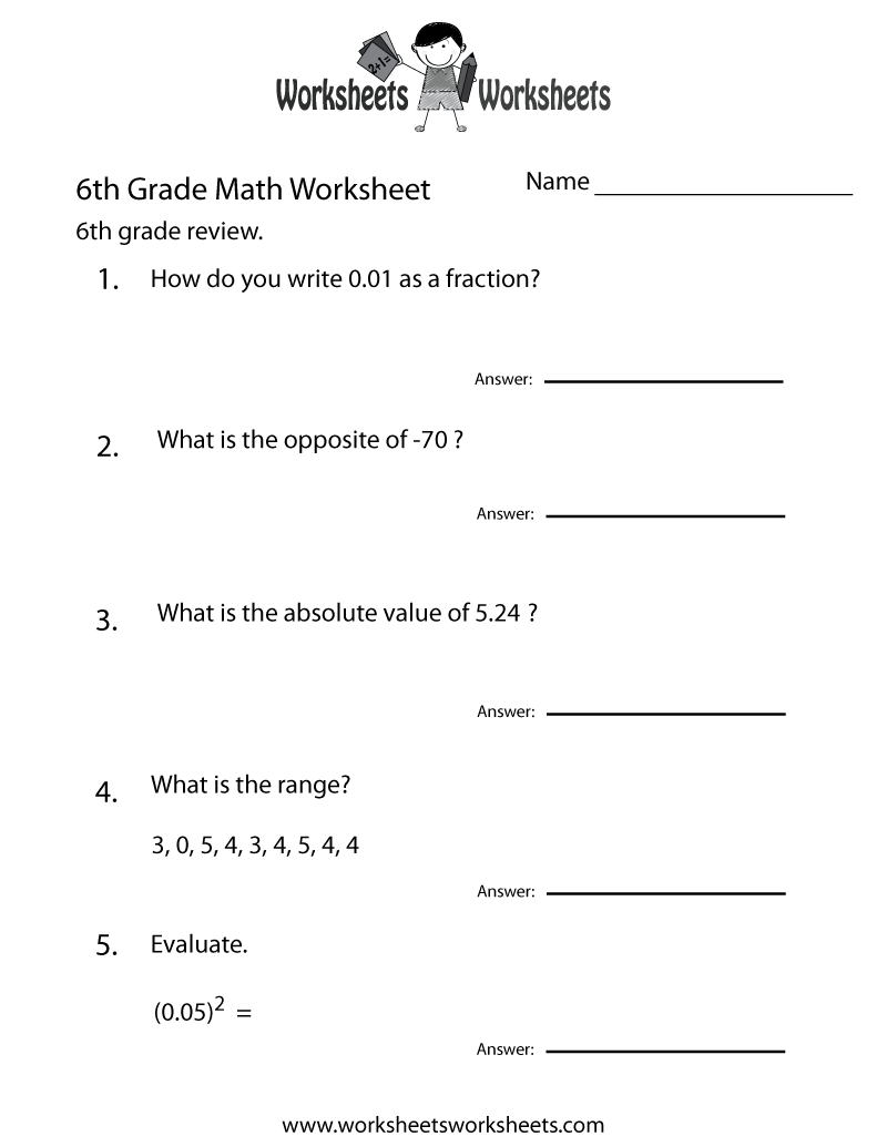 Free Printable Math Worksheets for 6th Grade Image