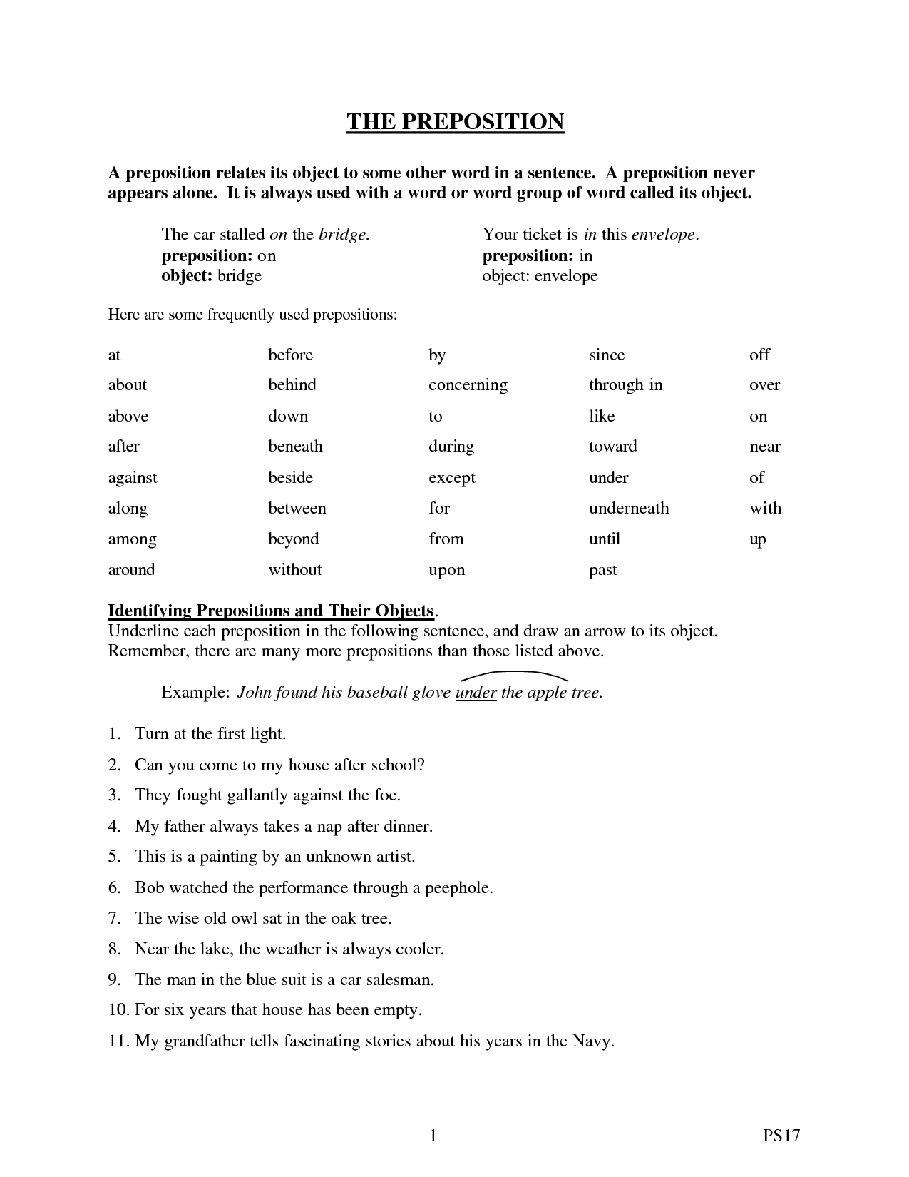 Free Printable Preposition Worksheets