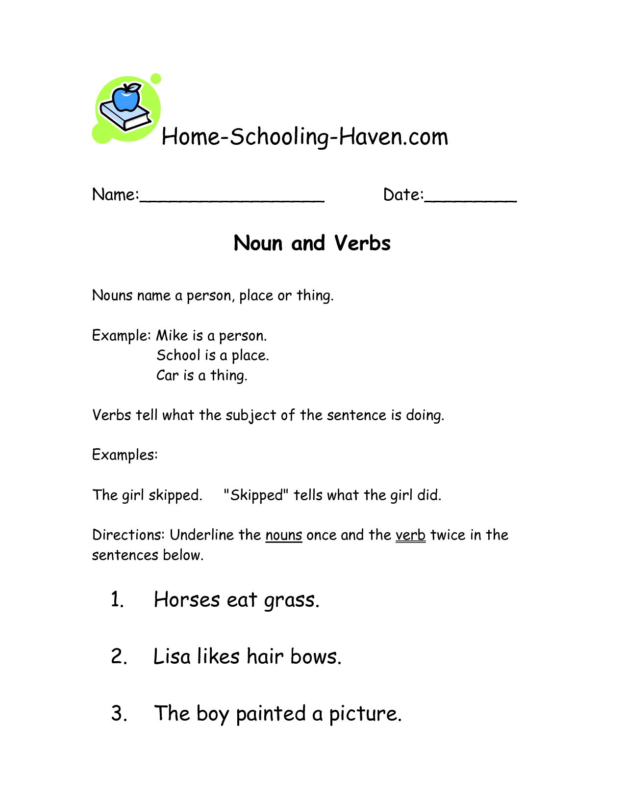 Nouns and Verbs Worksheets Image
