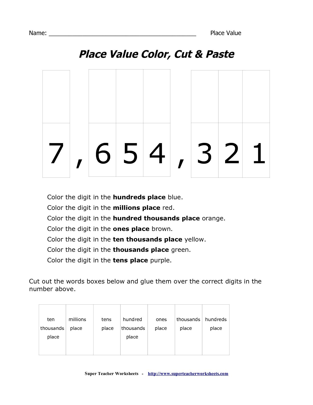Place Value Color Cut and Paste Image