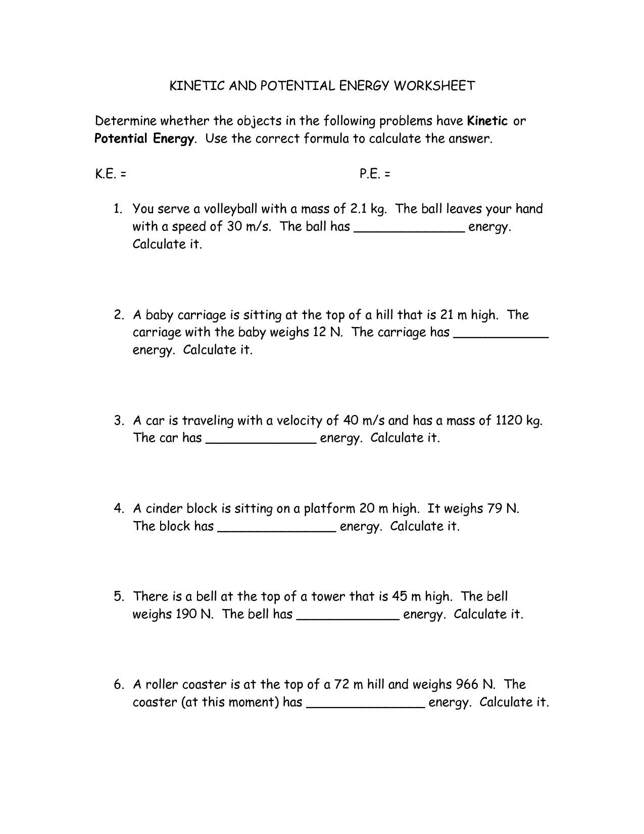Potential and Kinetic Energy Worksheet with Answers