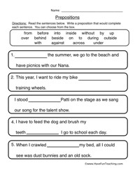 Preposition Fill in the Blank Worksheet