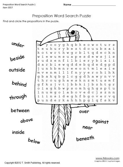 Preposition Word Search Worksheet