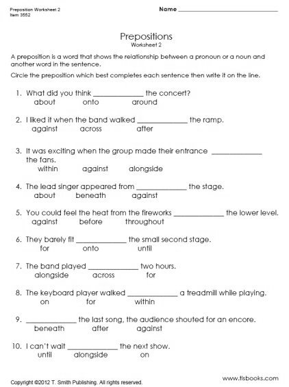 Preposition Worksheets for Fifth Grade