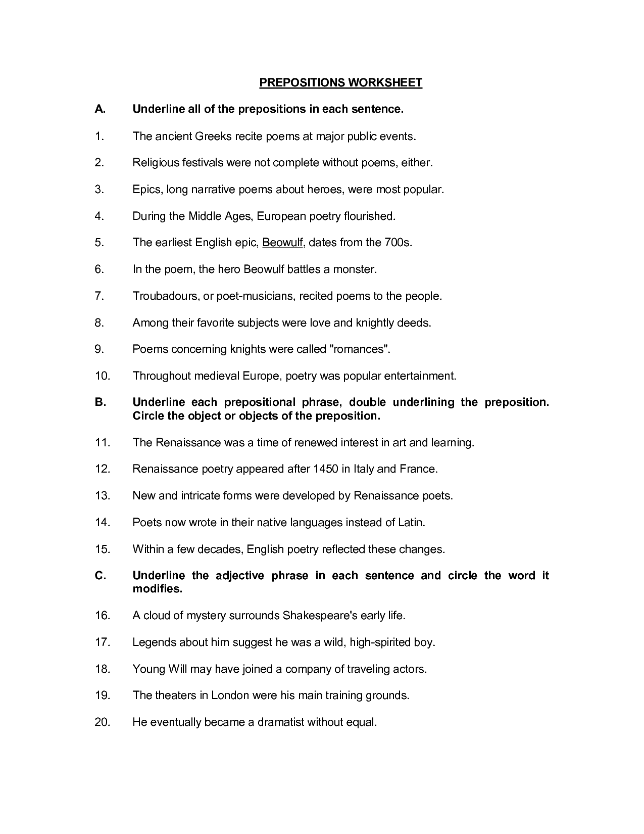 Printable Preposition Worksheets
