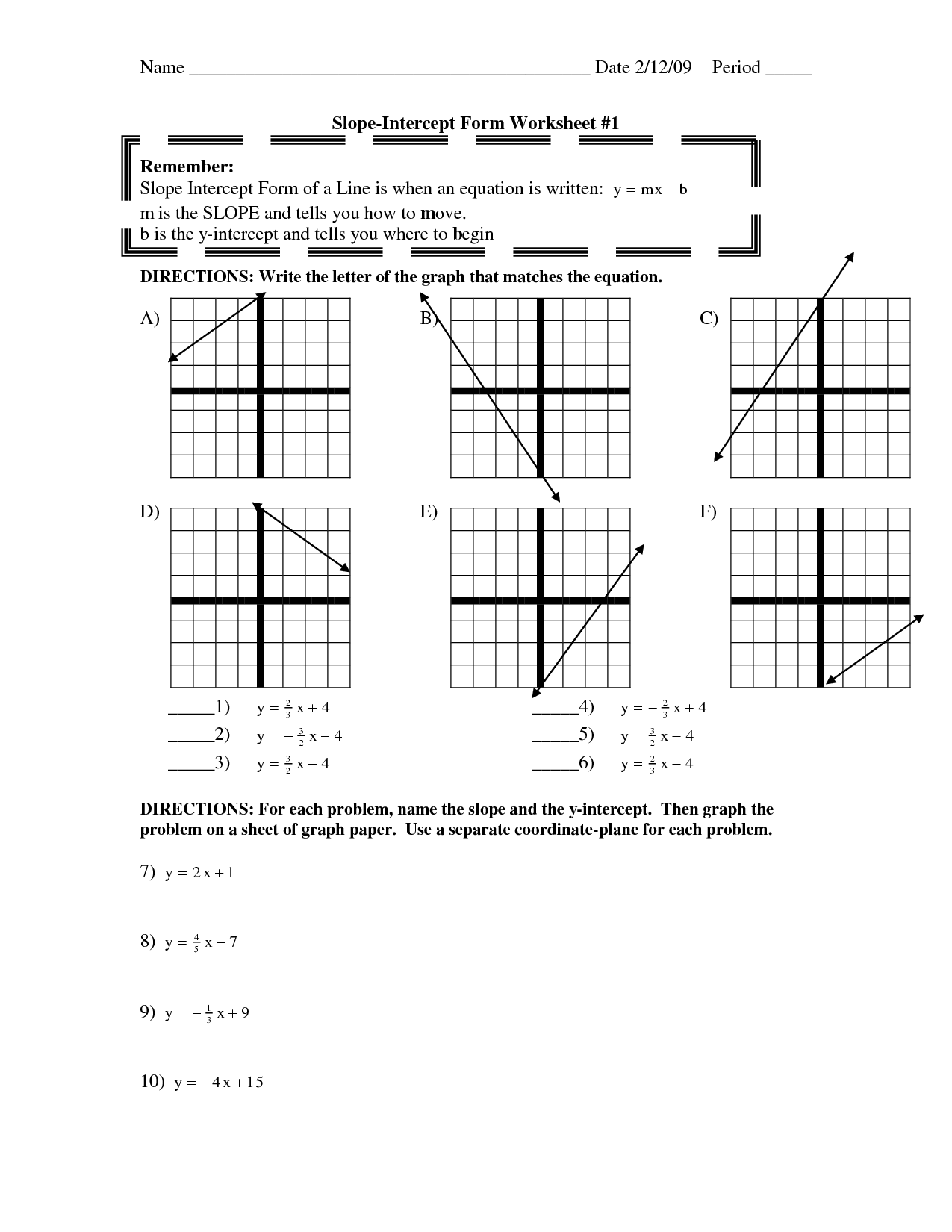 Graphing Slope Intercept Form Worksheet With Answers