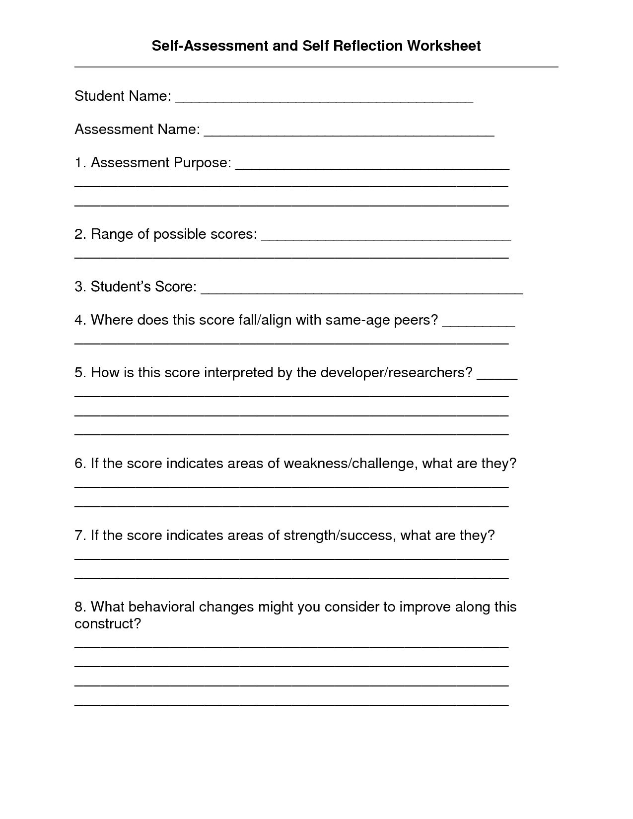 Student Self-Assessment Reflection Worksheets Image