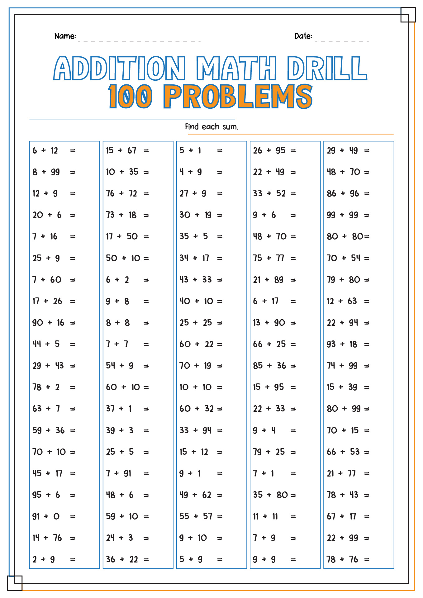 Addition Math Drill 100 Problems Worksheet