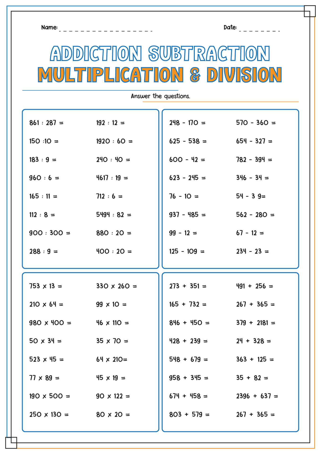Addition Subtraction Multiplication and Division Worksheets