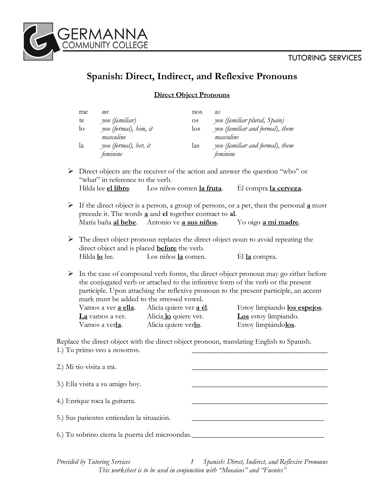 Conjuguemos Grammar Worksheet Direct Object Pronouns Answers French