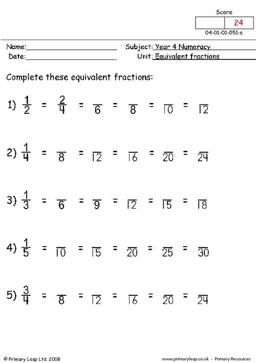 Equivalent Fractions Worksheet Image