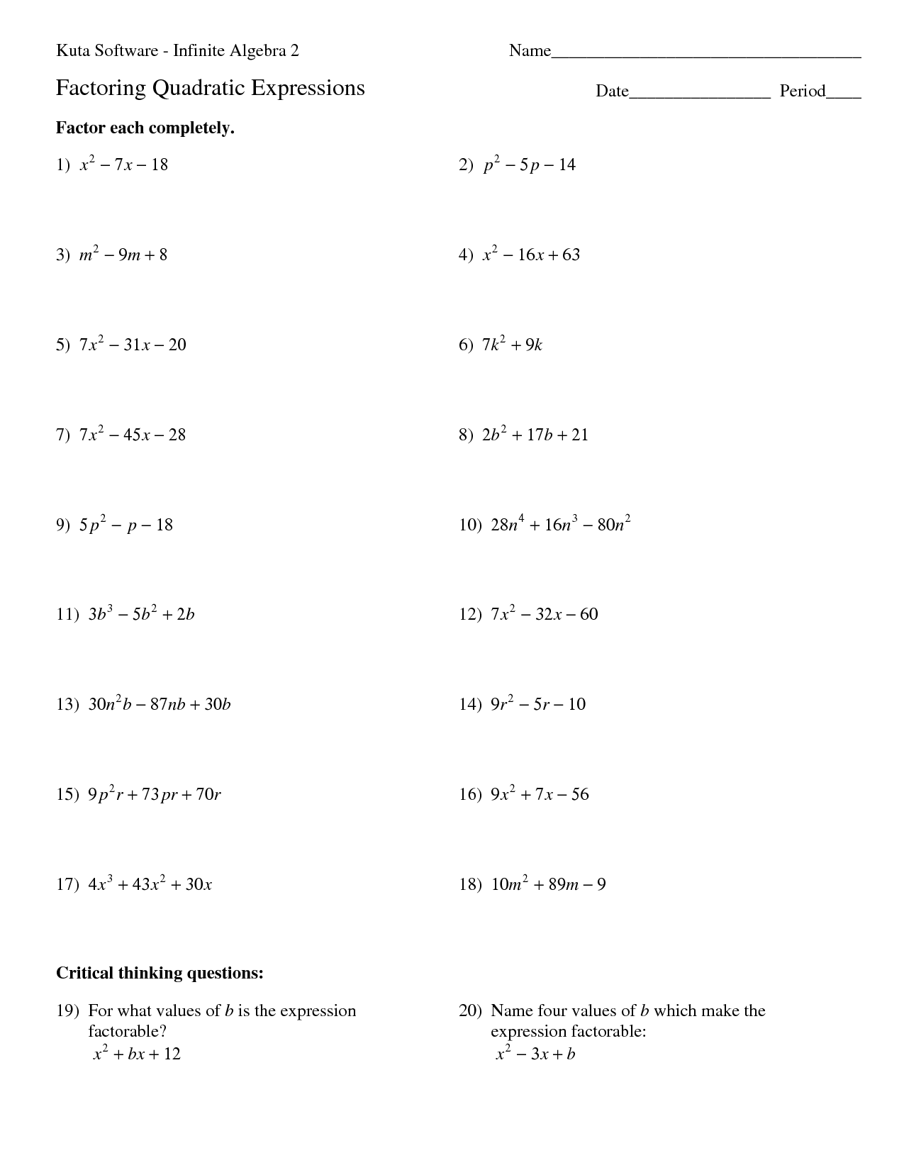 Factoring Quadratic Equations Worksheet Answers Image