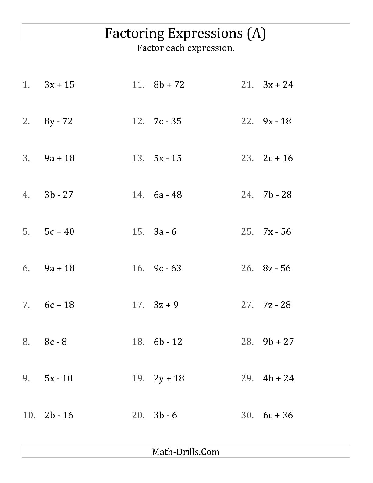 Factoring Simple Expressions Worksheet