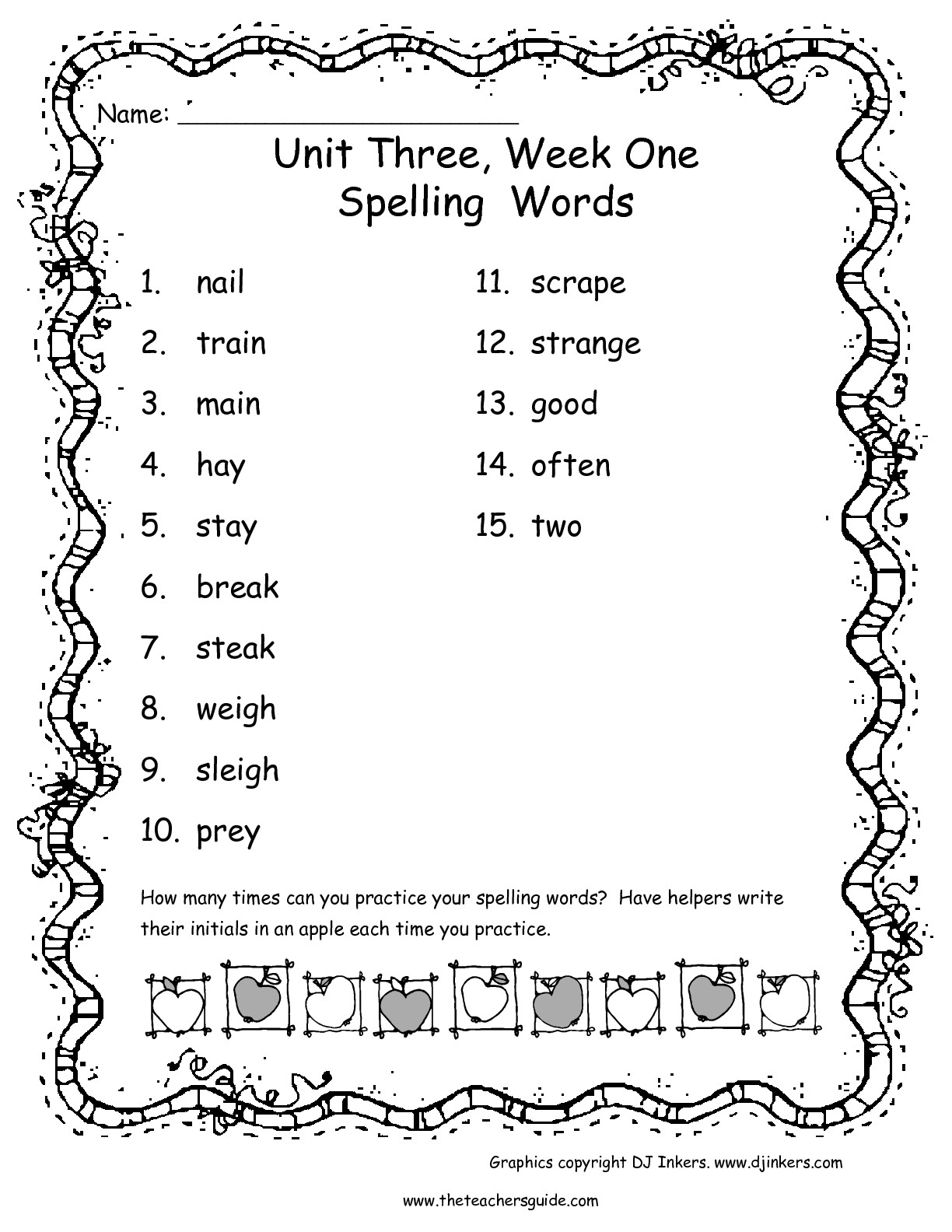 First Grade Spelling Words Worksheet