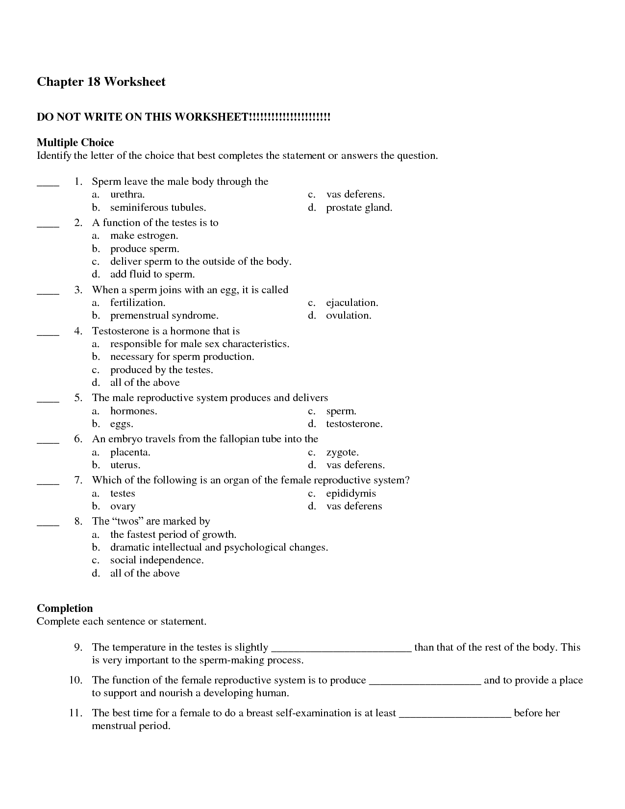 Human Female Reproductive System Worksheet Answers