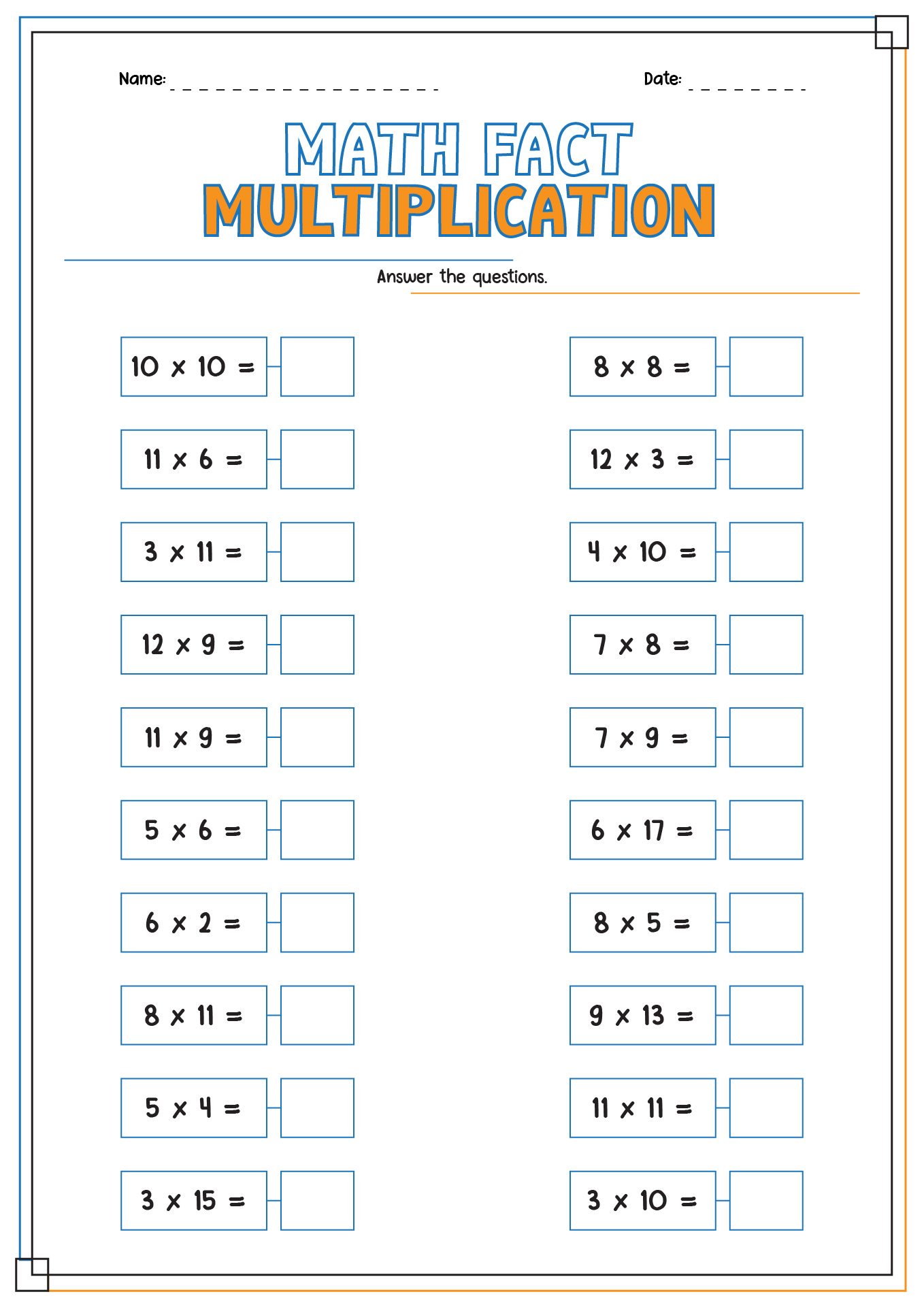 Multiplication Fact Quiz Printable
