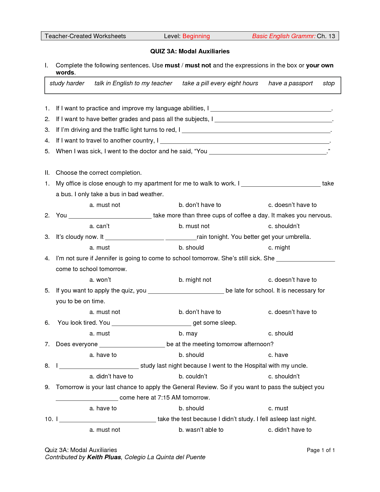 Modal Auxiliary Verbs Worksheet With Answers