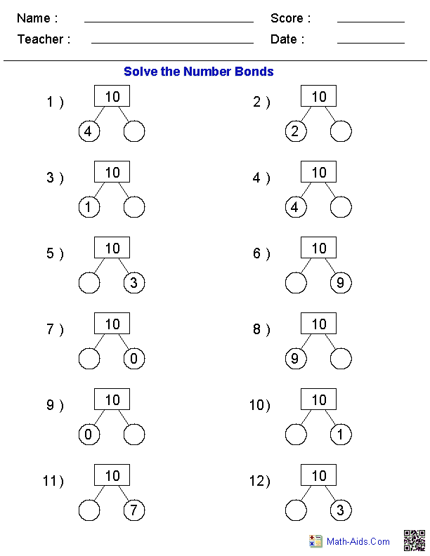 Kindergarten Math Worksheet Number Bonds
