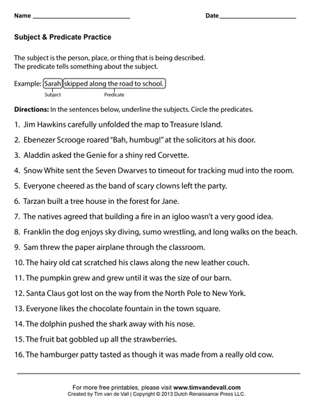 Simple Subject and Predicate Worksheets