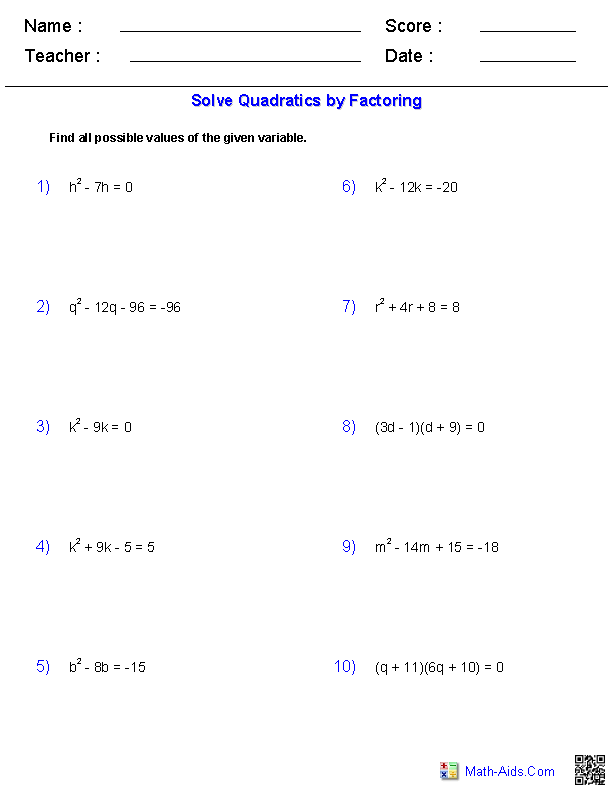 Solving Quadratic Equations by Factoring Worksheet