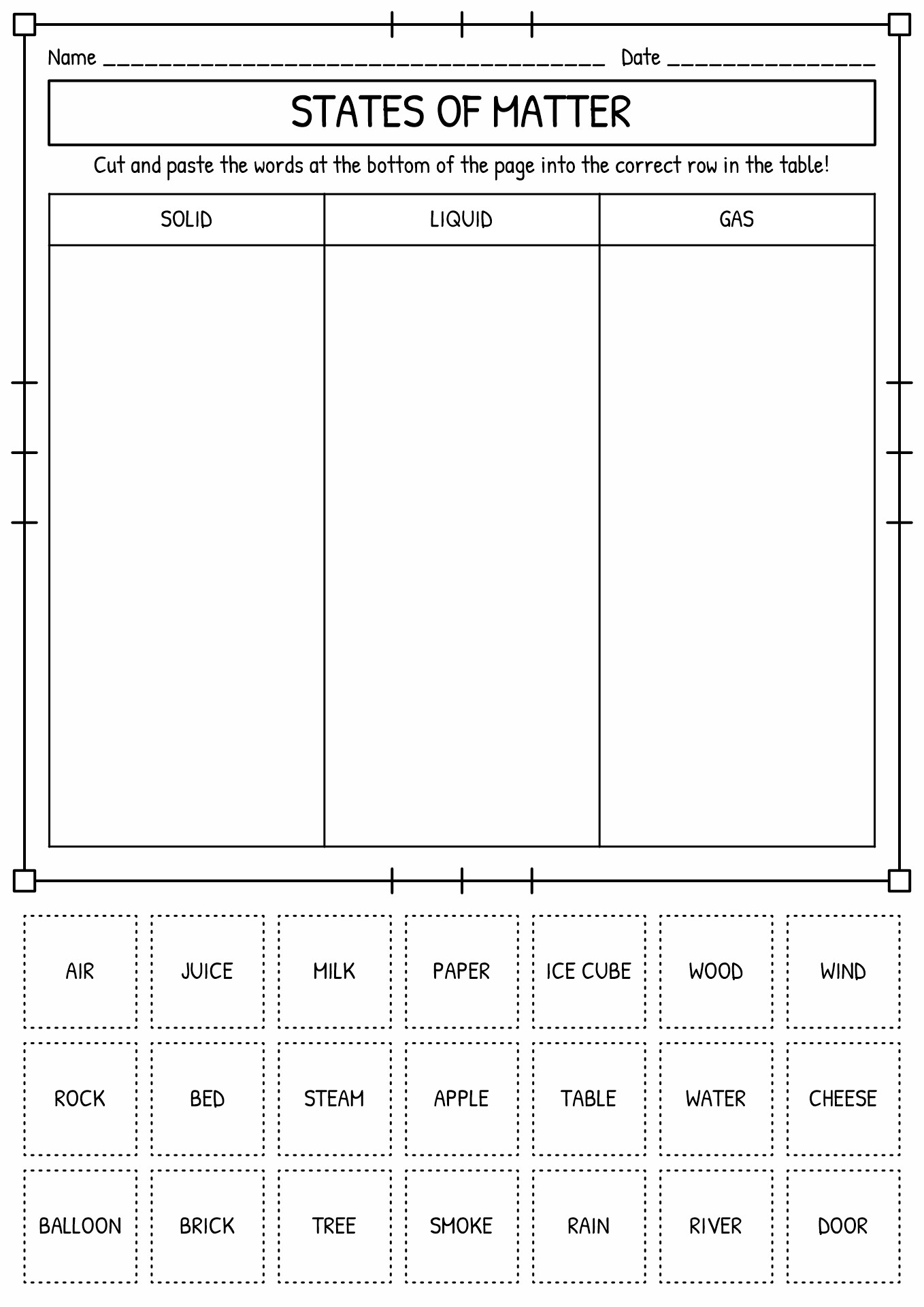 States of Matter Cut and Paste Worksheet