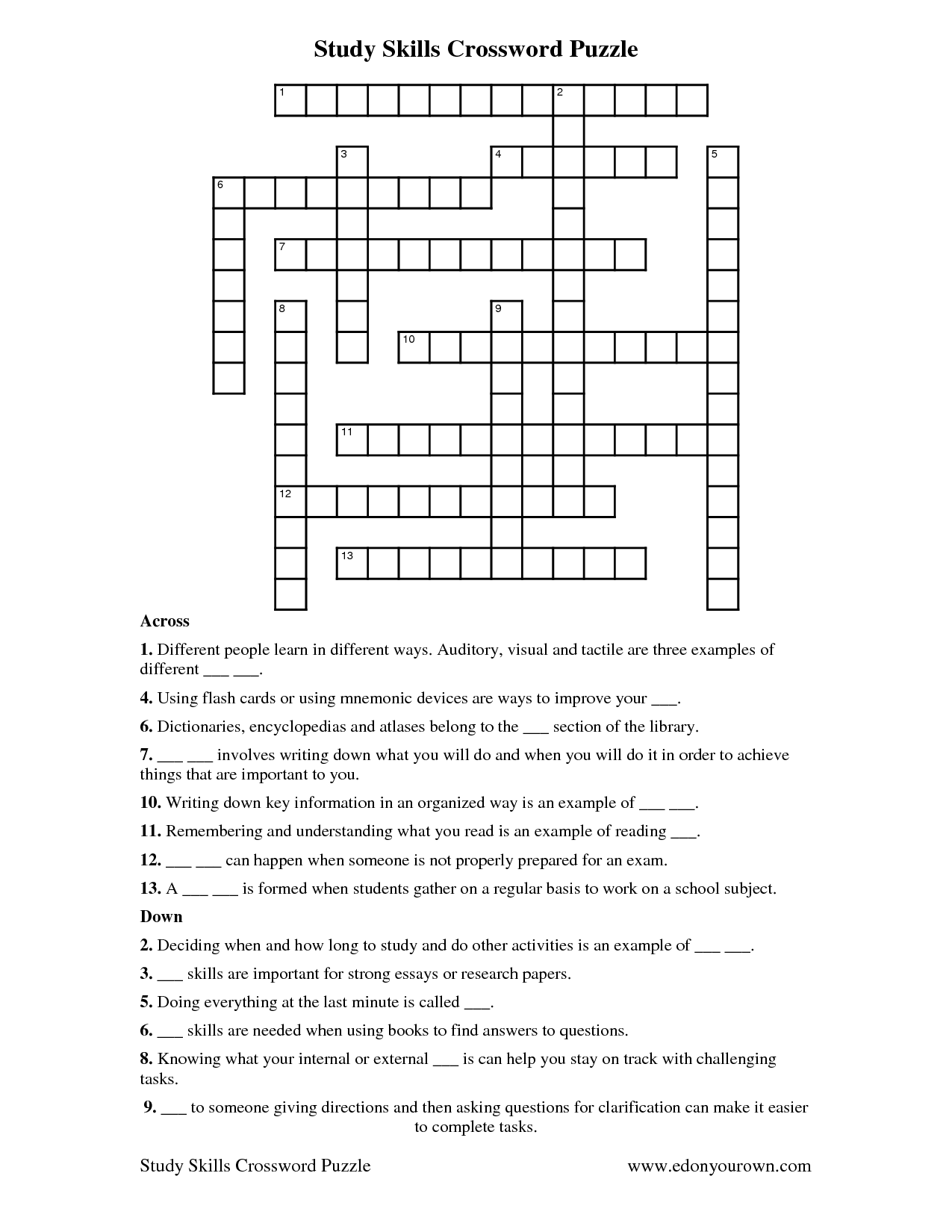 Study Skills Crossword Puzzle