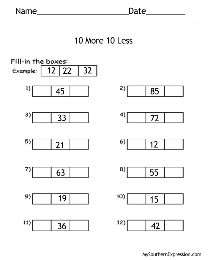 10 More 10% Less Worksheet First Grade Image