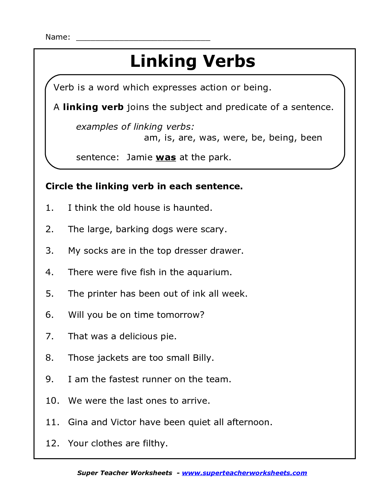 Action and Linking Verbs Worksheets