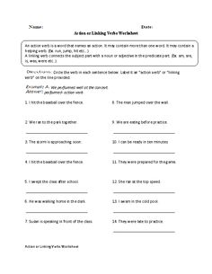 Action Helping and Linking Verbs Worksheet Image