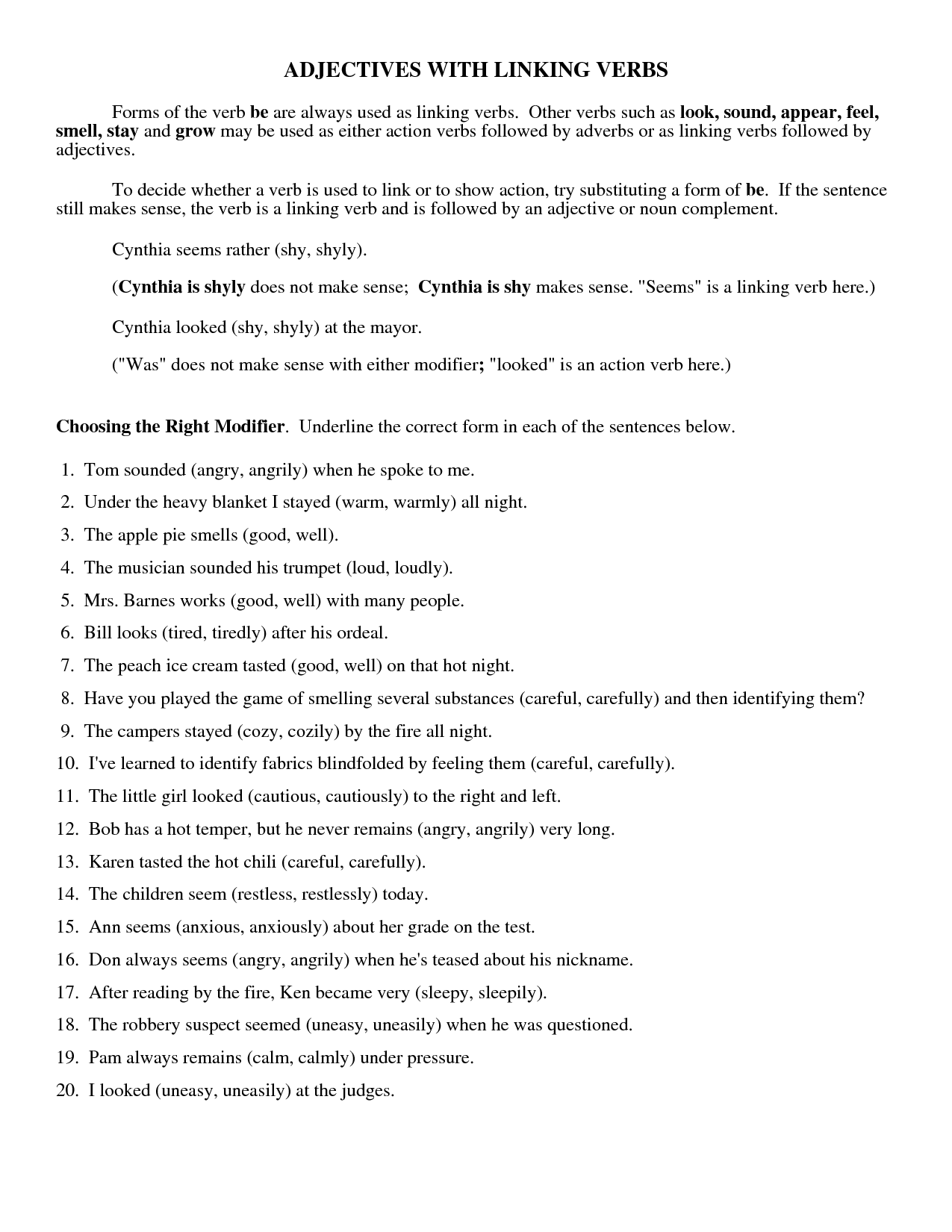 Action Linking Verb Worksheet