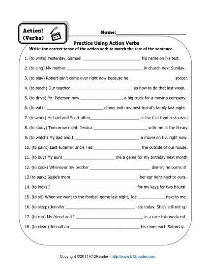 Action Verbs Worksheets 4th Grade