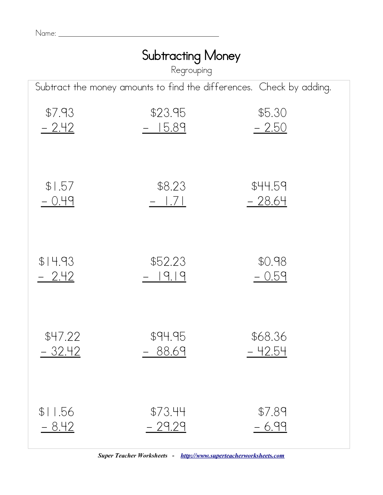 Adding and Subtracting Money Worksheets 2nd Grade Image
