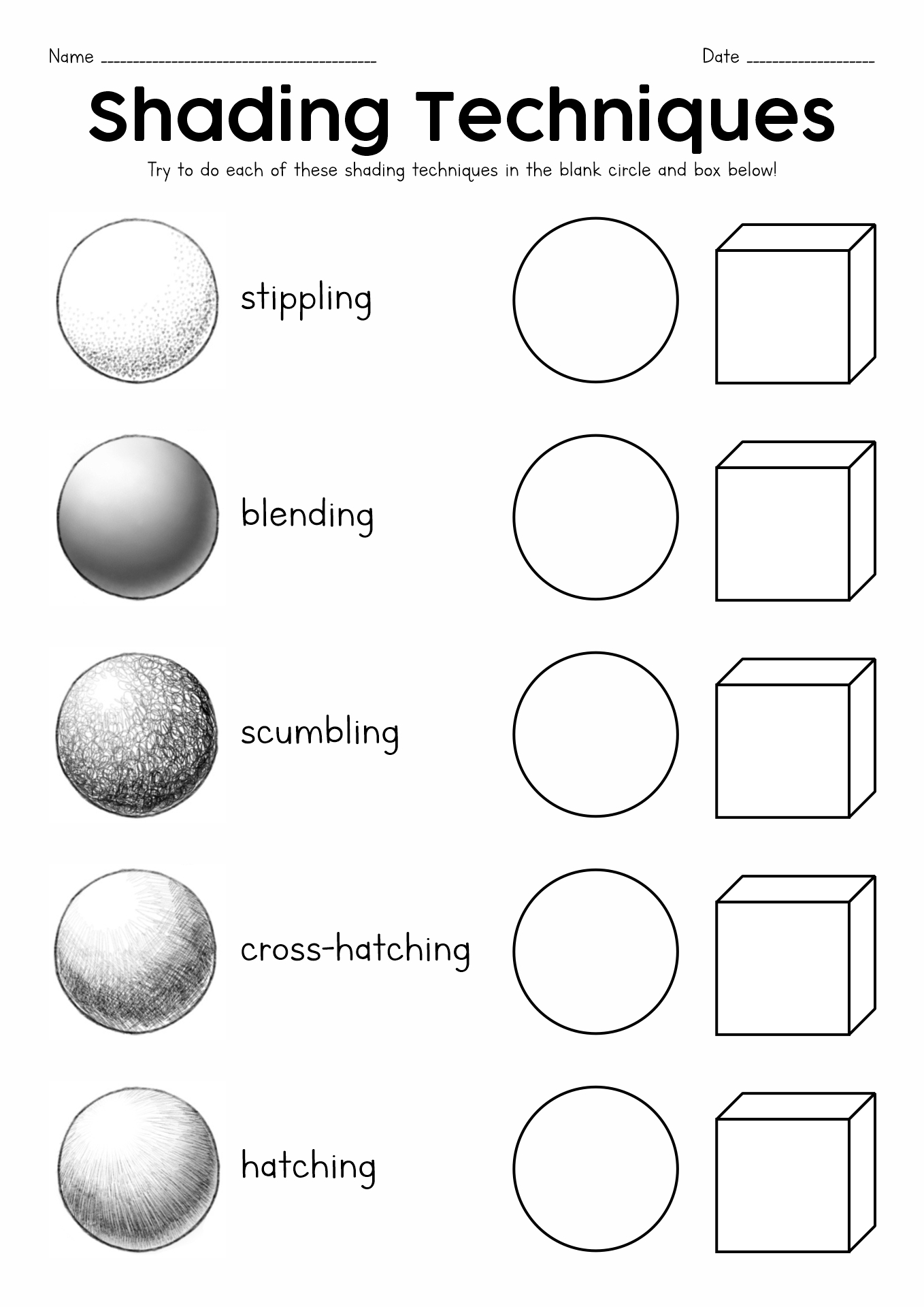 Art Shading Techniques Worksheet