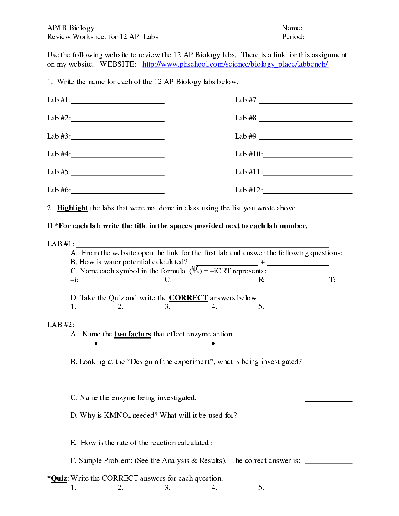 Biology Worksheets with Answer Key