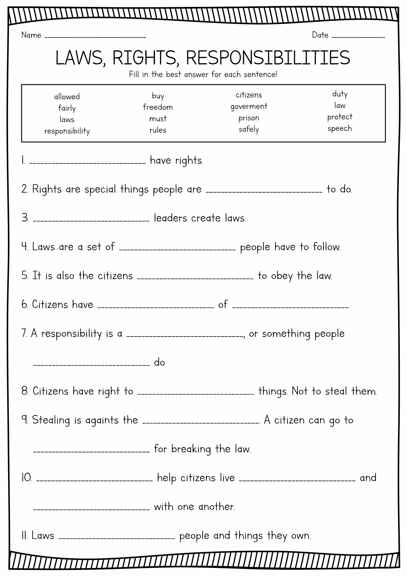 Citizen Rights and Responsibilities Worksheet