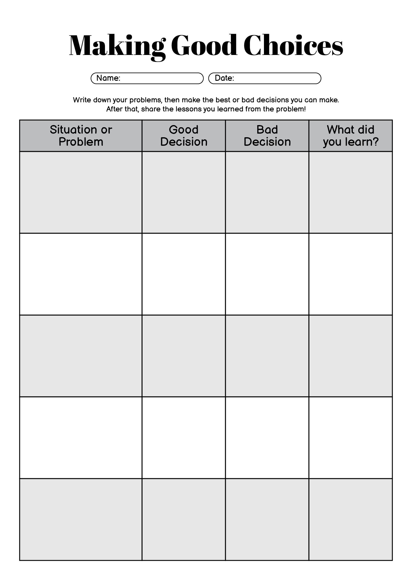 Printable Decision Making Worksheet