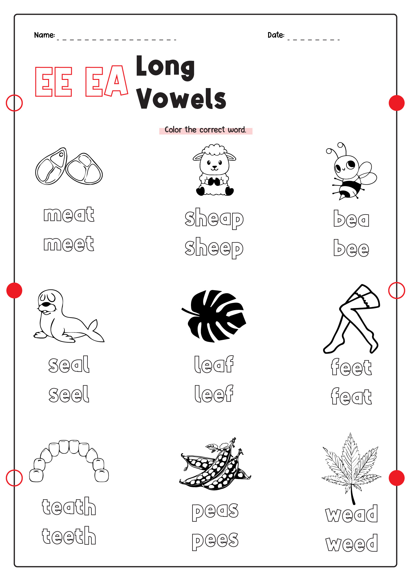 Ee EA Worksheets Long Vowels Printables