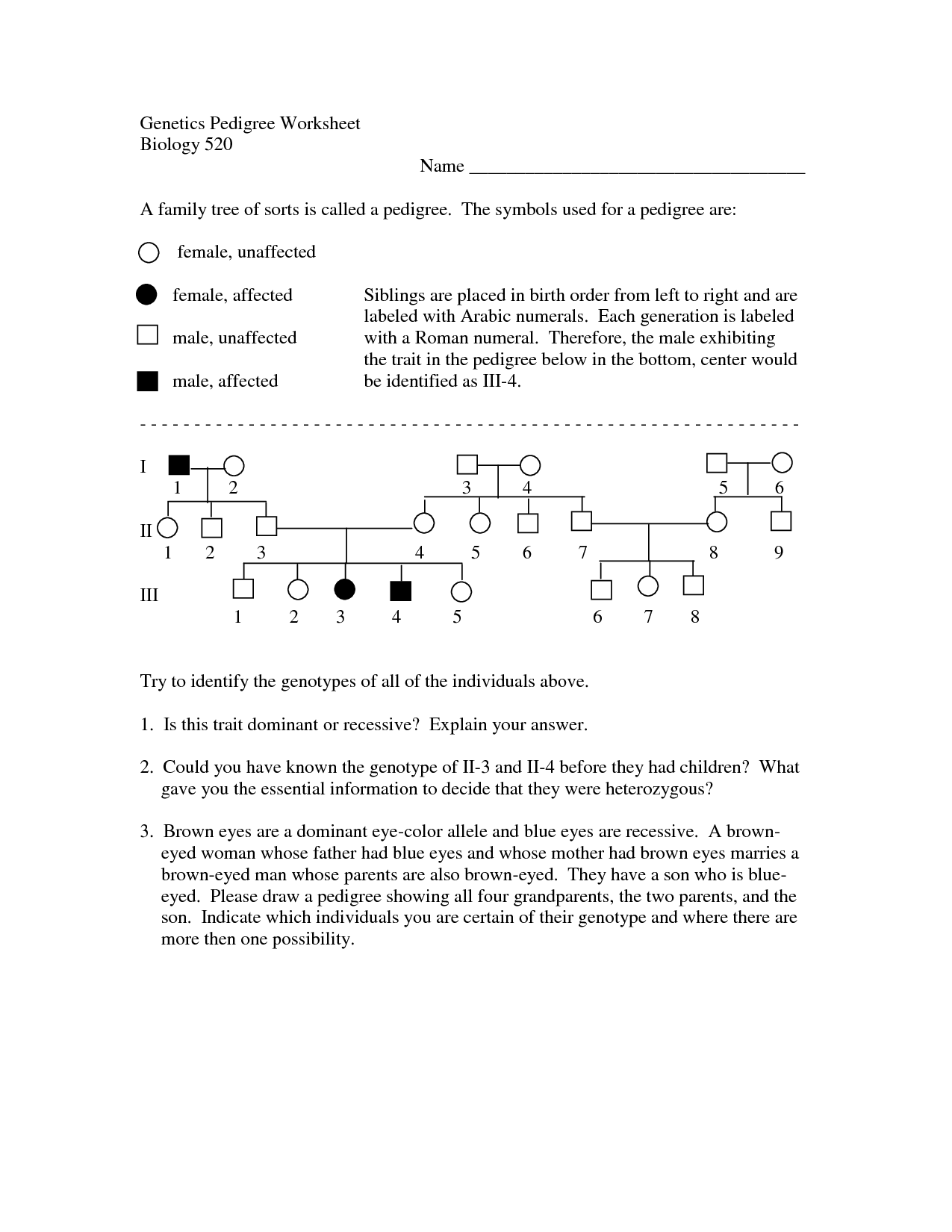 Genetic Pedigree Worksheet with Answer Key Image