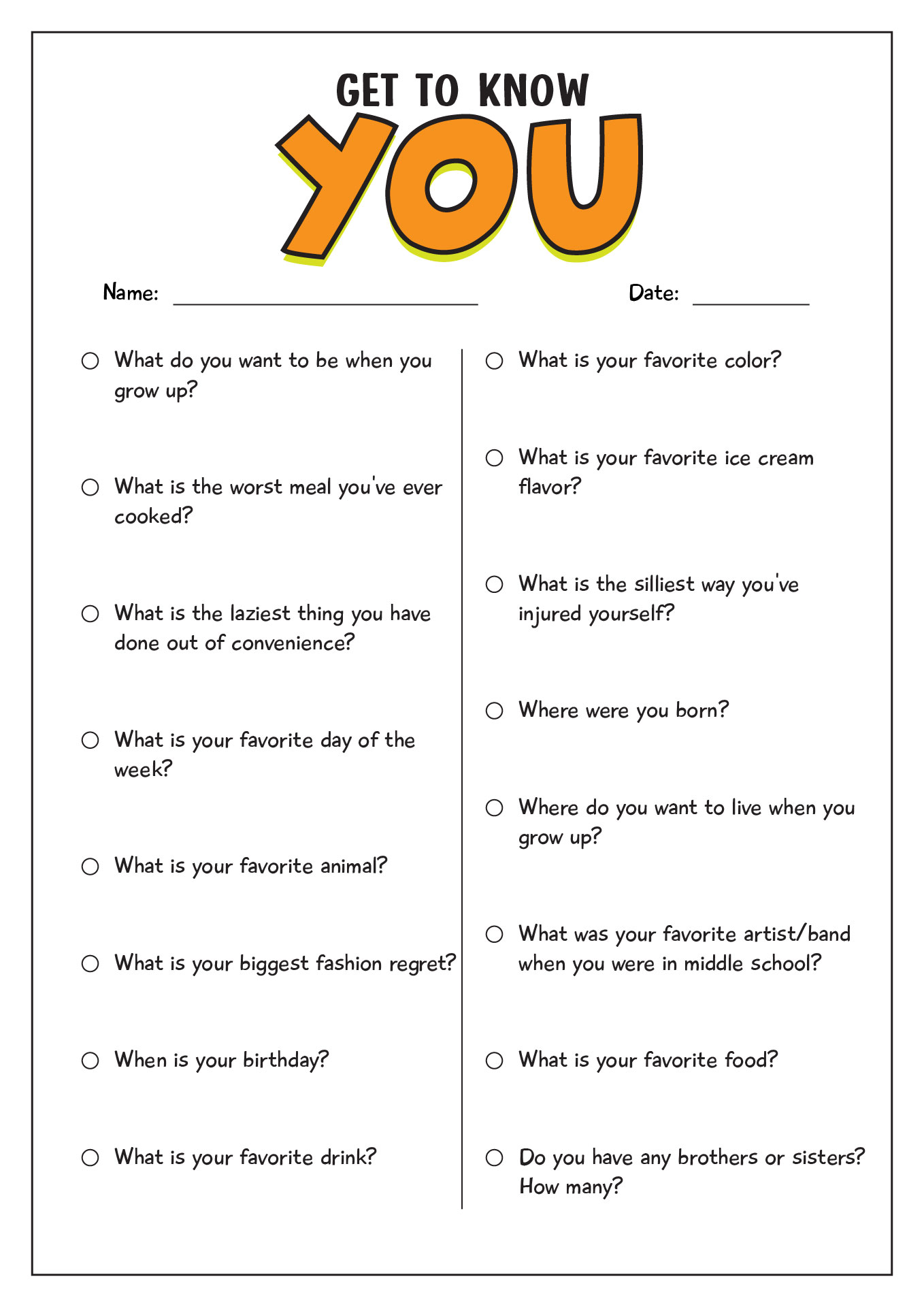 Getting to Know You Questionnaire Printable