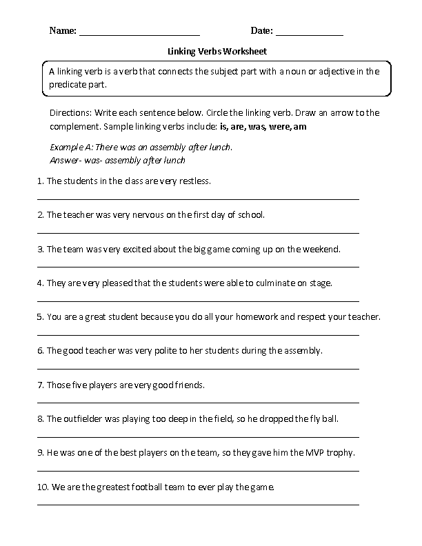 Linking Verbs Worksheet 6th Grade Image