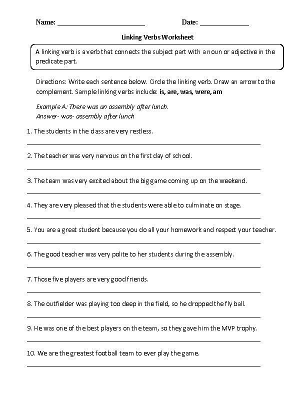 Linking Verbs Worksheet 6th Grade