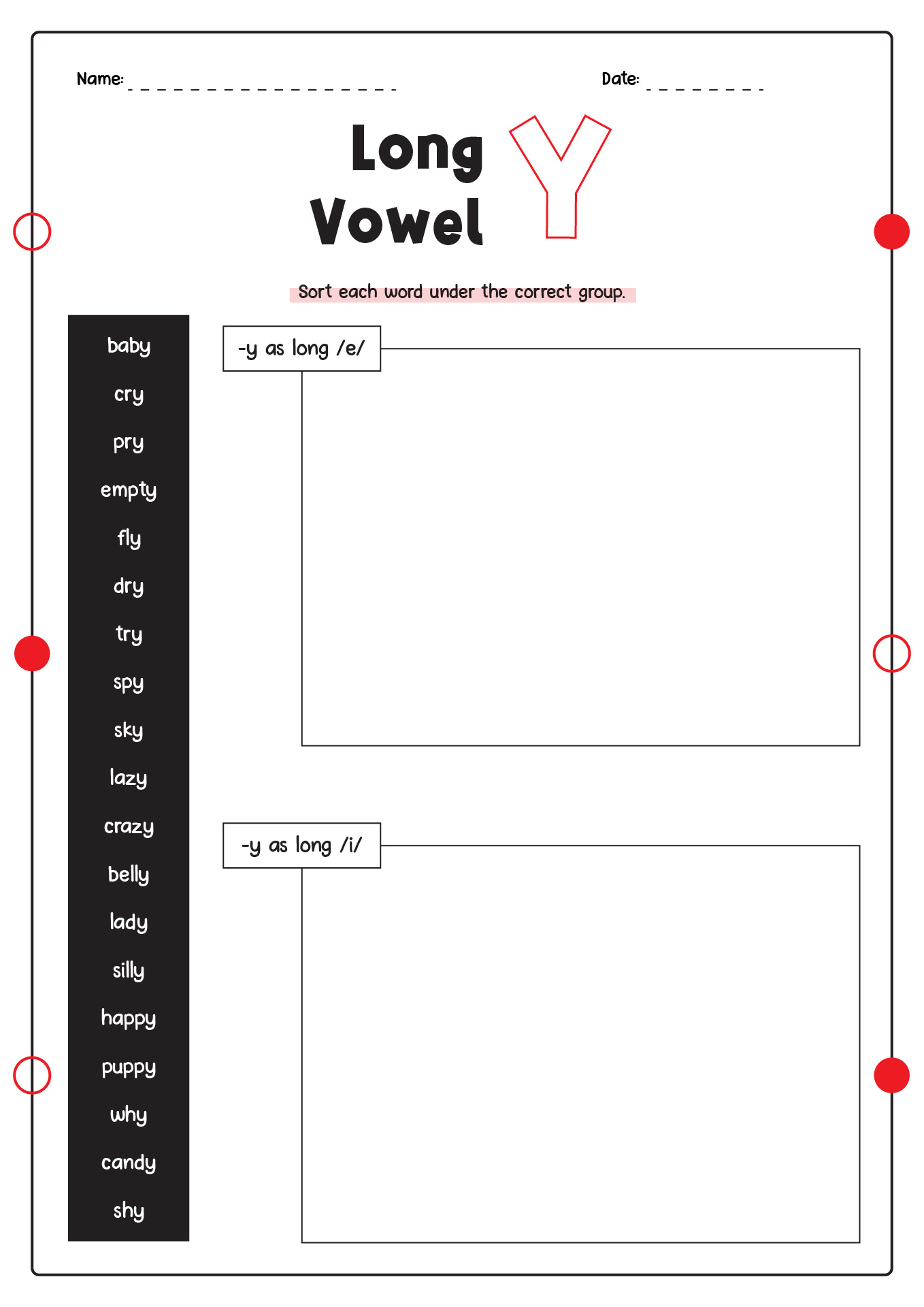 Long Vowel Y Worksheets