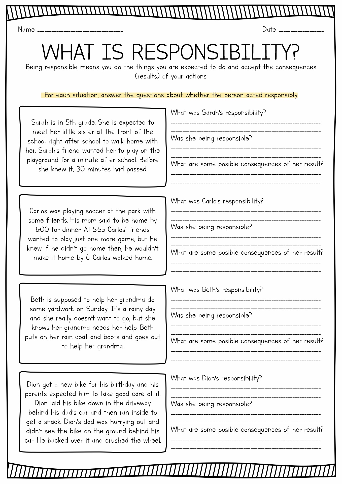 Responsibility Social Skills Worksheets Image